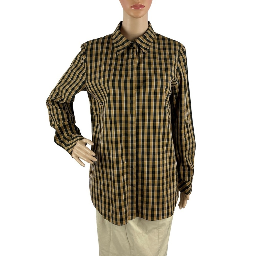 Lafayette 148 Check Button Down Shirt Tan Black Size M